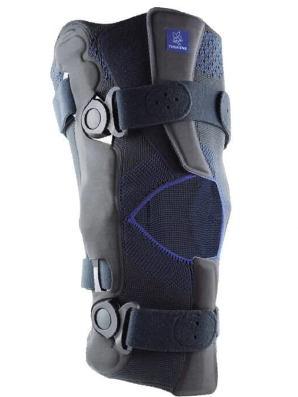 New Thuasne Genu Ligaflex Adjustable Black Neoprene Knee Brace with Blue Trim